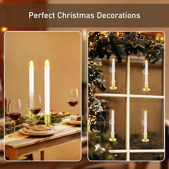 12 Pack Christmas Window Candles, Battery Operated Window Candles with Timer Remote, Candle Holder Suction Cup for Christmas Decorations, Gold-BloomoryGarden