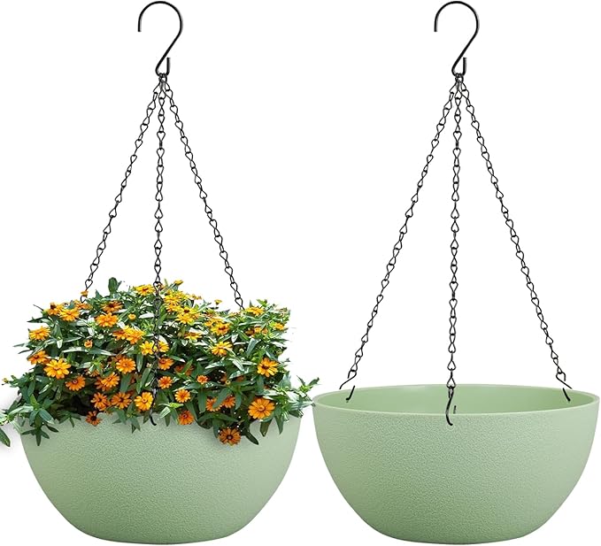 13 inch Large Hanging Planters Plant Pots for Outdoor Indoor Plants with Drainage Holes and Chain, 2 Pack Round Hanging Flower Pots for Garden Home Porch Decor, Green-BloomoryGarden