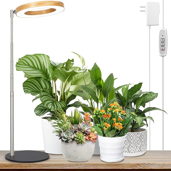 LORDEM Bamboo Grow Light for Indoor Plants, Full Spectrum Plant Light for Indoor Growing, Desk LED Grow Lamp with Auto On/Off Timer for 4H/8H/12H, 4 Dimmable Levels, Height Adjustable, 1 Pack-BloomoryGarden