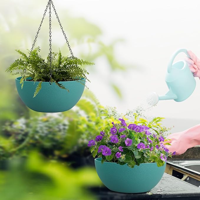 13 inch Large Hanging Planters Plant Pots for Outdoor Indoor Plants with Drainage Holes and Chain, 2 Pack Round Hanging Flower Pots for Garden Home Porch Decor, Blue Green-BloomoryGarden