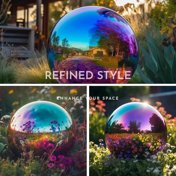 12 Inch Stainless Steel Gazing Globe,v2croft Hollow Ball Mirrored Surface Polished Shiny Sphere,Garden Stainless Steel Gazing Ball for Outdoor Lawn Pond Yard Ornament(rainbow)-BloomoryGarden