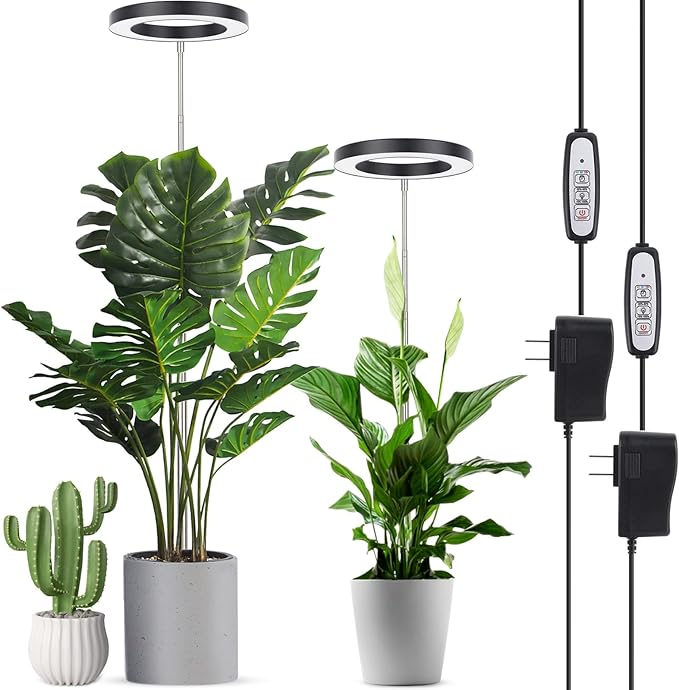 LORDEM Plant Grow Light, Full Spectrum Plant Light for Indoor Plants, Brightness Adjustable LED Growing Lamp with Auto On/Off Timer 4H/8H/12H, Height Adjustable, 2 Packs of Black-BloomoryGarden