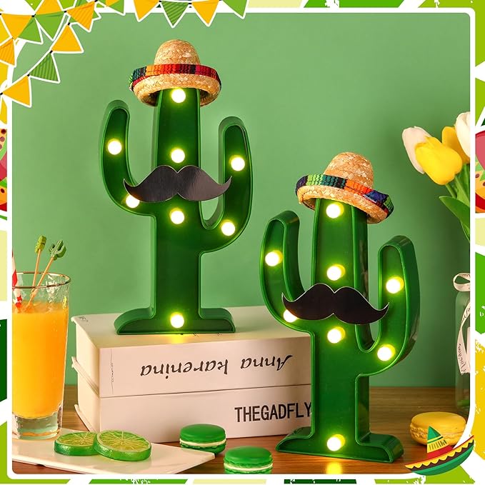 12 Pcs Cinco de Mayo LED Cactus Light with Mini Sombrero Straw Hats and Fake Beard Cinco De Mayo Table Decor Mexican Party Supplies for Table Room Bedroom Party Decoration (4.72 x 2.76 Inch)-BloomoryGarden