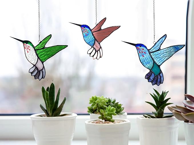 Lolitarcrafts Stained Glass Hummingbird Window Hangings with Flowers, Bird Stained Glass Suncatcher for Window Decor Hummingbird Gifts for Mom,Bird Lovers (Blue A)-BloomoryGarden