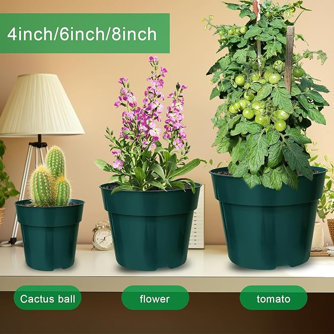 15 Pack 4/6/8 Inch Plant Nursery Pots, Thickened Plastic Pots for Plants with Drainage Holes, Sturdy Seedling Pots, Seed Starting Pots, Flower Pots for Indoor Outdoor Plants, Green-BloomoryGarden