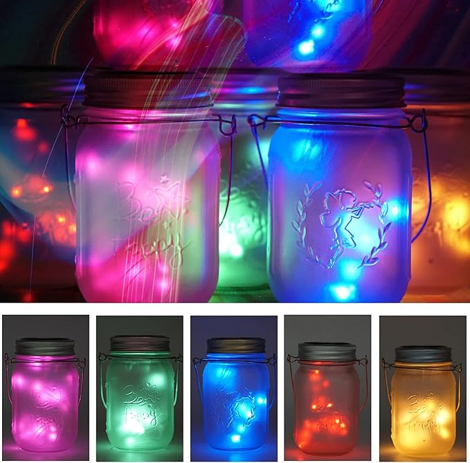 10 Pack 30 LED Solar Mason Jar Lid String Lights,Fairy Lights String Lids Lights Including 10 Pcs Hangers,for Indoor Outdoor Wedding Patio Garden Party Decorations Gift(No Jars) (5 Colors)-BloomoryGarden