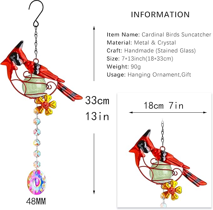 13inch Stained Metal Cardinal Birds Sun Catcher Decorative Window Hanging Ornament Crystals Prism Suncathers Red Bird for Home Garden Decor-BloomoryGarden