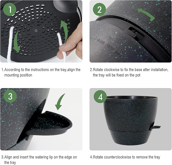 12 inch Large Self Watering Pots, Plastic Planters with 60oZ Removable Deep Reservoir and Multi Mesh Drainage Holes for Indoor Outdoor Garden Plants and Flowers, Black with Green Speckles-BloomoryGarden