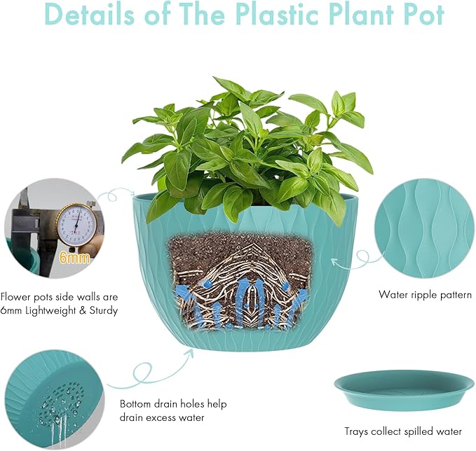 12 Inch Large Plant Pots for Indoor or Outdoor Plants, Wide Water Ripples Flower Pots with Drainage Holes & Saucer, Plastic Planters Set for Garden & Home Decor (Blue Green)-BloomoryGarden