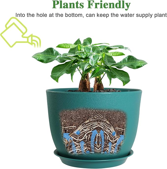 12/10/9 Large Modern Plant Pots, Plastic Planters with Drainage Holes and Saucers for Indoor Outdoor Plants Flowers, Malachite Green-BloomoryGarden