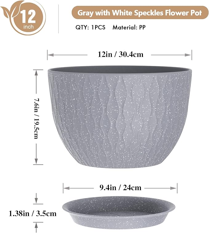 12 Inch Wide Water Ripples Flower Pots for Indoor or Outdoor Plants, Large Plant Pots with Drainage Holes & Saucer, Plastic Planters Set for Garden & Home Decor (Grey with White Speckles)-BloomoryGarden