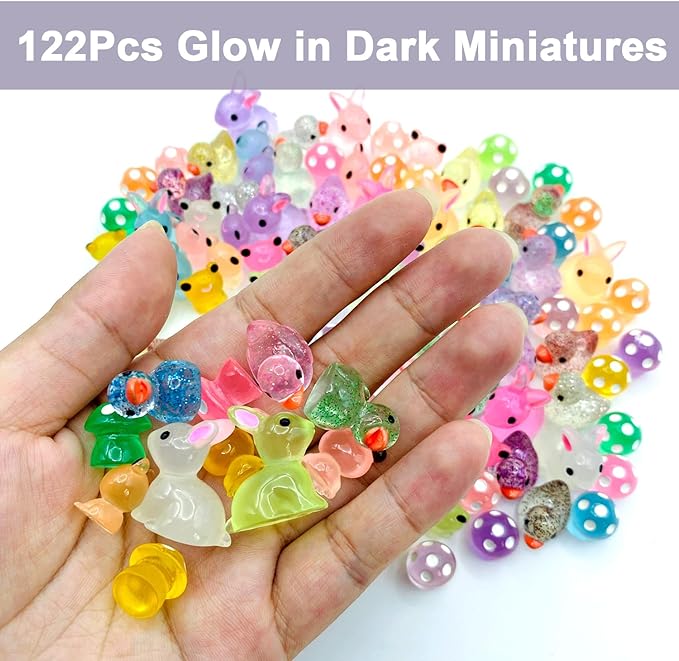 122Pcs Luminous Mini Resin Animal Figurines Glow in The Dark Cute Rabbits Frogs Mushrooms Glitter Ducks 4 Combination Miniature Figurines Set for Office Garden Decoration Aquarium Home Party Decor-BloomoryGarden