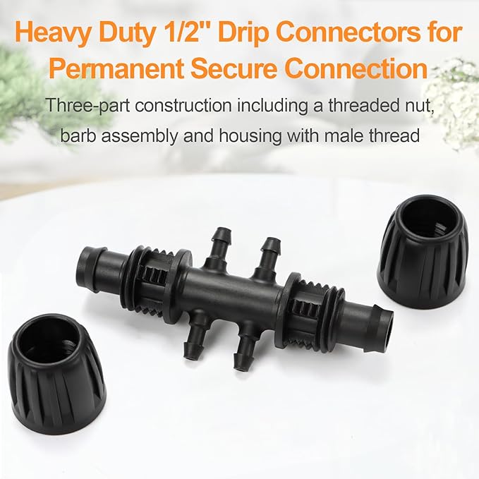 12 Pcs 1/2 inch to 1/4 inch Drip Irrigation Tubing Fittings, 1/2" Drip Tubing (1/2" ID x 0.65" OD) to 4 Way 1/4" Irrigation Tubing Locked Barbed Reducing Tee Connectors for Garden Systems-BloomoryGarden