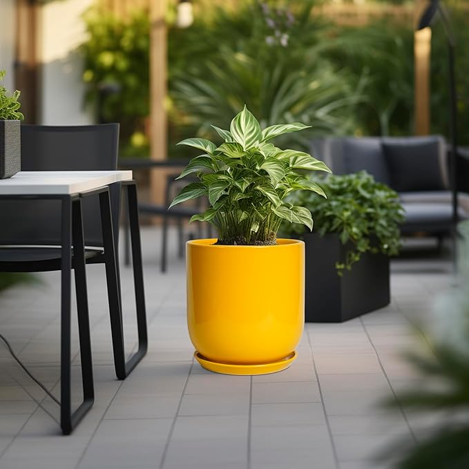 12 Inch Pots for Plants - Ceramic Planter for Outdoor Plants Large Plant Pot Indoor with Drainage Hole Modern Flower Pot for Home Patio Office Decor Yellow-BloomoryGarden