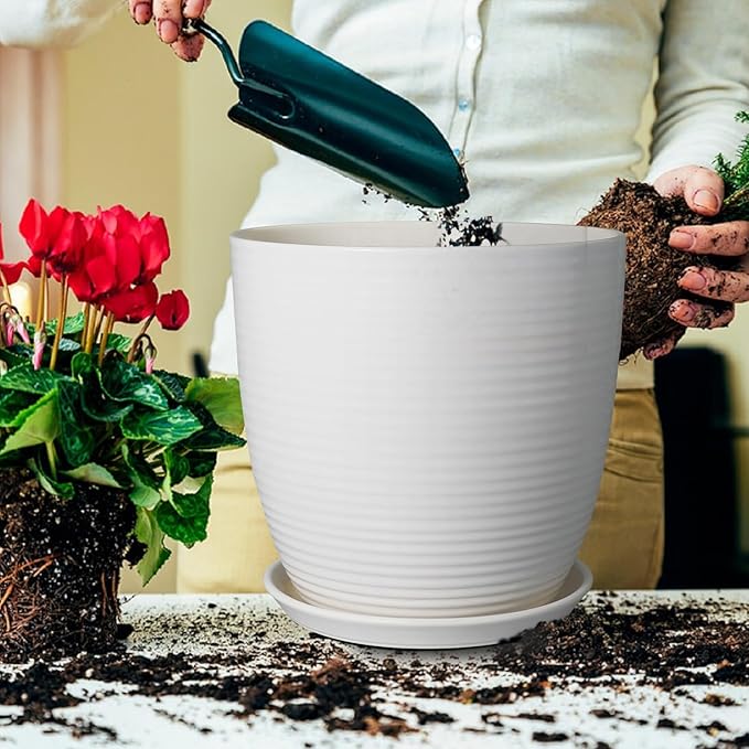 12 Inch Ceramic Planter Pot, Large Planter Pot with Drainage Hole and Saucer Round Flower Pot for Indoor Outdoor Plants, White-BloomoryGarden