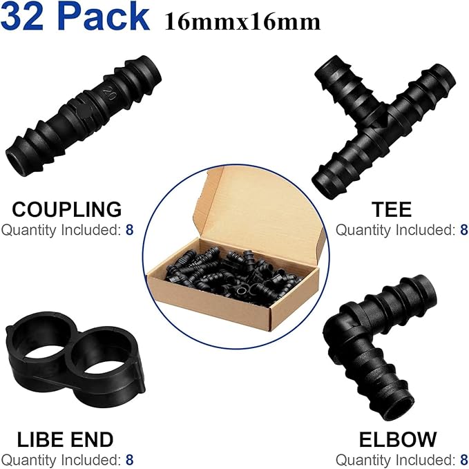 Maitys Irrigation Fittings Kit for Tubing 32 Piece Set, 8 Tees, 8 Couplings, 8 Elbows and 8 End Cap Plugs Barbed Connectors for Drip Sprinkler Systems, Garden, Patio, Lawn or Flower Bed (1/2 Inch)-BloomoryGarden