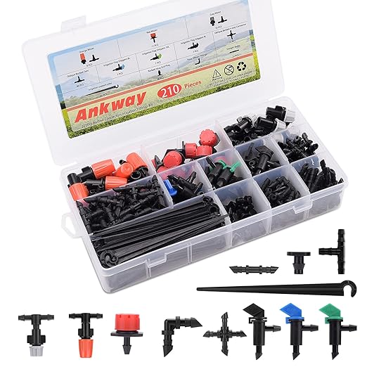 1/4 Drip Irrigation Fittings, 210 Pcs 1/4 Drip Irrigation Connectors Irrigation Fittings Kit for Flower Pot Garden Lawn (Spray,Micro Dripper,Straight Barbs,Tees,Elbows,End Plug,4-Way Coupling)-BloomoryGarden