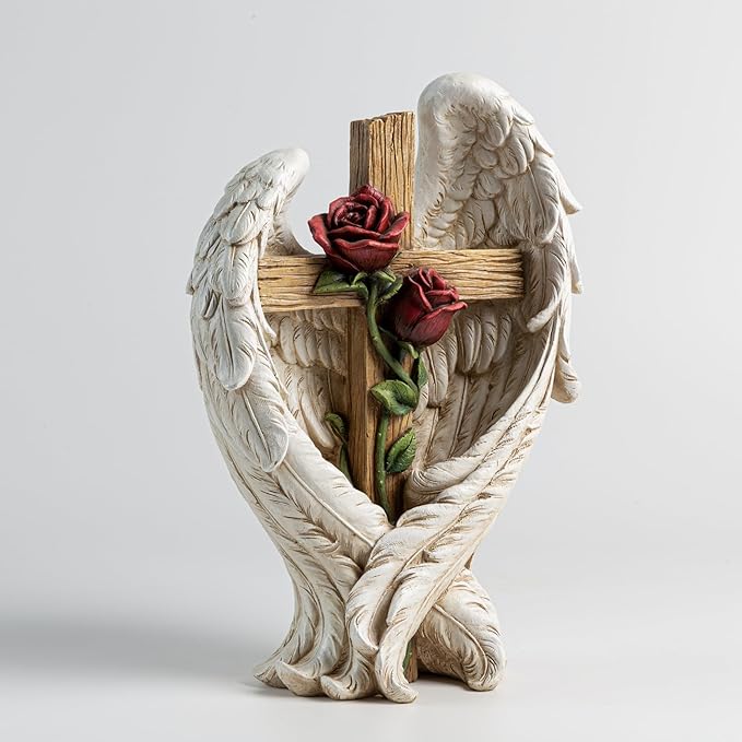 12" Angel Wings Embracing Cross and Rose Garden Statue Memorial Statue for Beloved one-BloomoryGarden