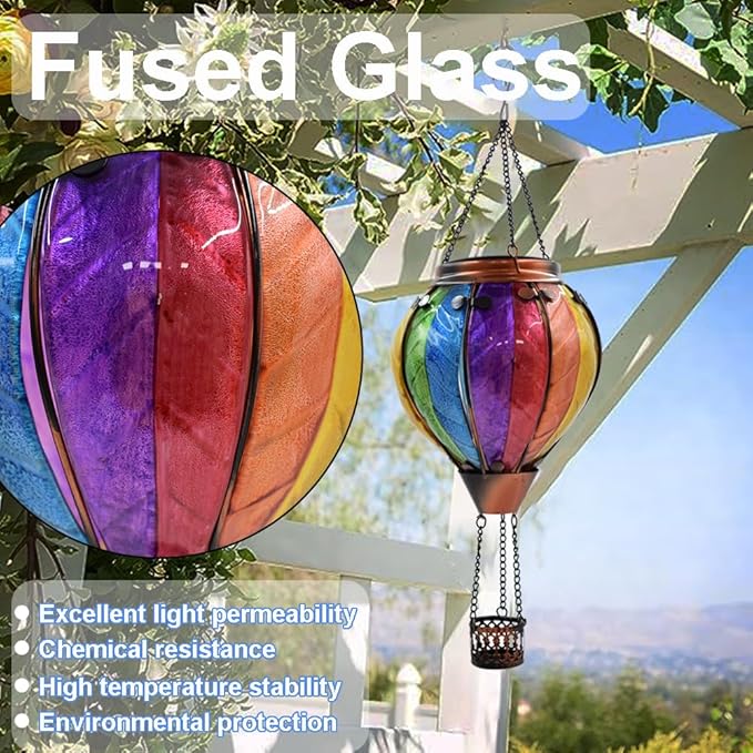 Hot Air Balloon Solar Lantern with Flickering Flame Hanging Solar Lanterns Outdoor Lights Waterproof Lanterns Decorative Garden Patio Yard Party Decor Wavy-Colorful + Blue