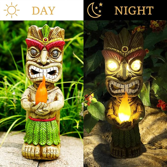 13" Tall Solar Torch Tiki Garden Statue, Resin Large Tiki Decor Figurine with Solar Lights, Hawaiian Tiki Man, Outdoor Patio Yard Lawn Bar Party Beach Pool Pond Decoration, Valentine's Day Gift-BloomoryGarden