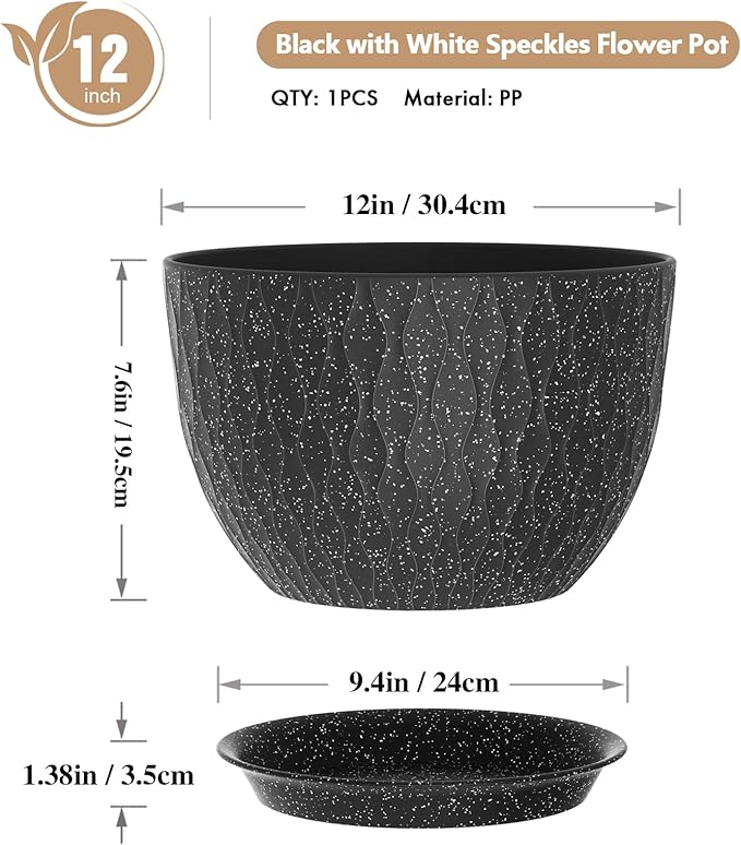 12 Inch Wide Water Ripples Flower Pots for Indoor or Outdoor Plants, Large Plant Pots with Drainage Holes & Saucer, Plastic Planters Set for Garden & Home Decor (Black with White Speckles)-BloomoryGarden