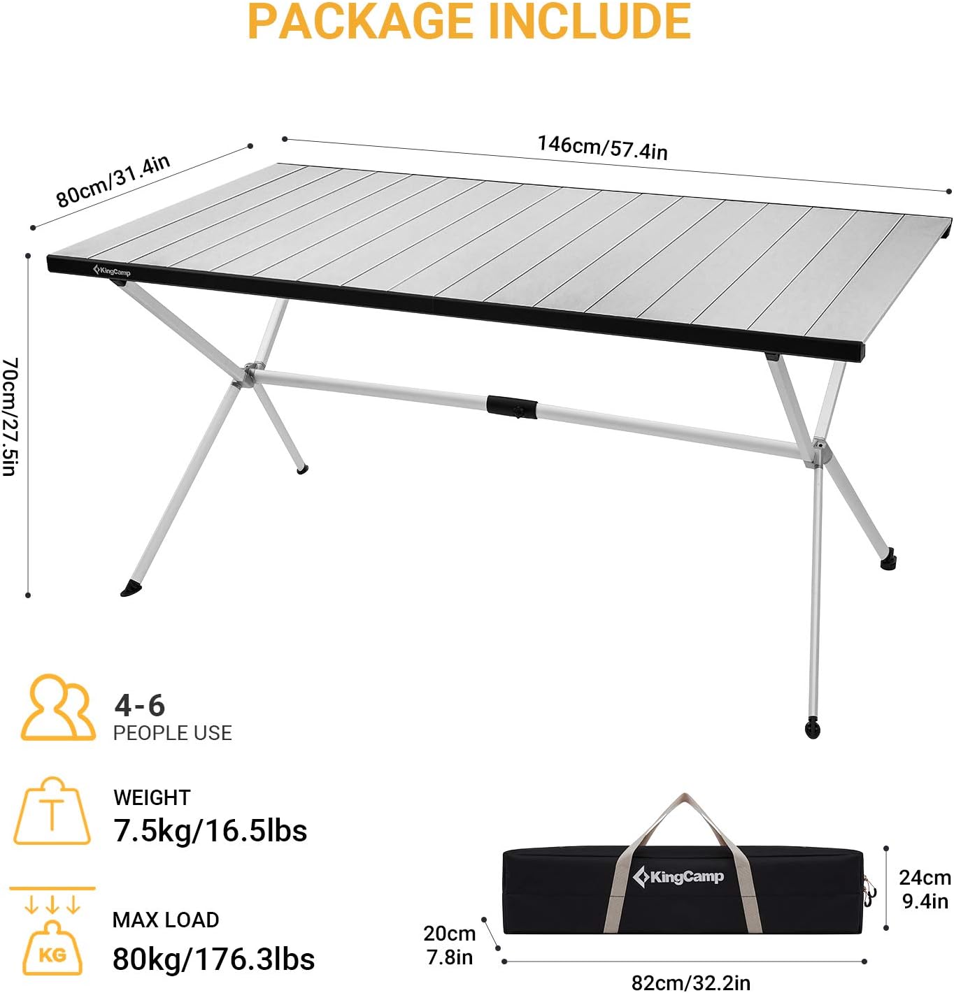 KingCamp Folding Camping Table Aluminum Roll Up Table Oversized Large Camp Table Stable Portable Outdoor Folding Table for Picnic Camping Barbecue Backyard Party,57.4''×31.4''4-6 Person,Support 176lbs-BloomoryGarden