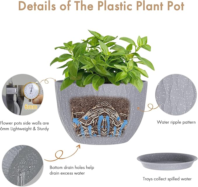 12 Inch Wide Water Ripples Flower Pots for Indoor or Outdoor Plants, Large Plant Pots with Drainage Holes & Saucer, Plastic Planters Set for Garden & Home Decor (Grey with White Speckles)-BloomoryGarden