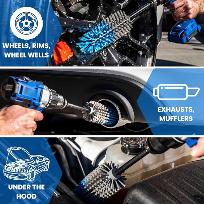 Long Reach Drill Brush Attachment, All Purpose for Car Tires, Wheels, Wheel Wells, Engine Bays, Exhaust Pipes, Running Boards, Hard to Reach Areas, with Heavy Duty Non-Scratch Nylon Bristles-BloomoryGarden