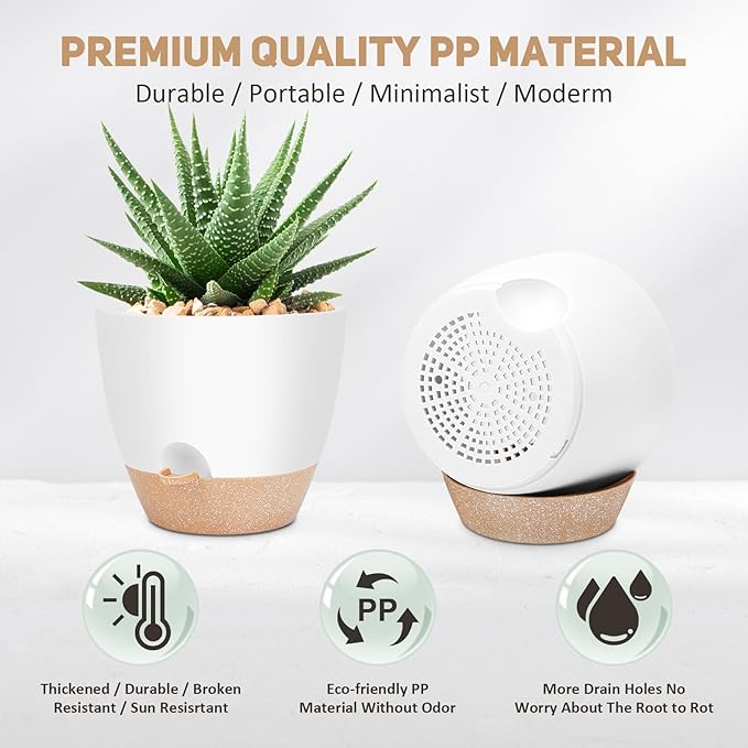 12 Inch Large Self Watering Plant Pot Set, Flower Pots with Multi-Mesh Drainage Holes and Saucer, Suitable for Indoor and Outdoor Garden Plants, White.-BloomoryGarden