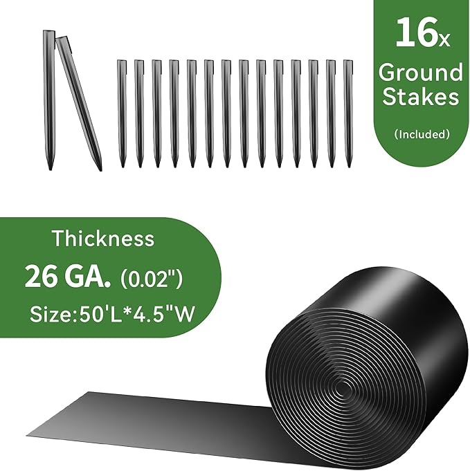 Worth Galvanized Steel Landscape Edging 4.5" x50' Metal Garden Edging Roll Flexible Bender Border with 16Pcs Stakes for Lawn, Flower Bed Edges, Black-BloomoryGarden