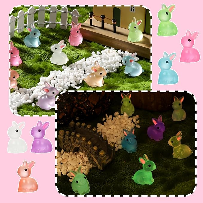 140Pcs Mini Resin Luminous Bunnies Glow in Dark Resin Rabbit Figures for Fairy Garden Luminous Mini Portrait Fairy Garden DIY Christmas Party Ornament Accessories Charms Party Favors-BloomoryGarden