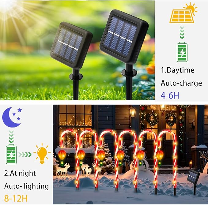 12 Pack Outdoor Solar Christmas Decorations, 180 Bright LED Solar Candy Cane Christmas Lights 8 Lighting Modes, Waterproof Outside Xmas Decorations with Lantern Decor Lights for Pathway Yard Garden-BloomoryGarden