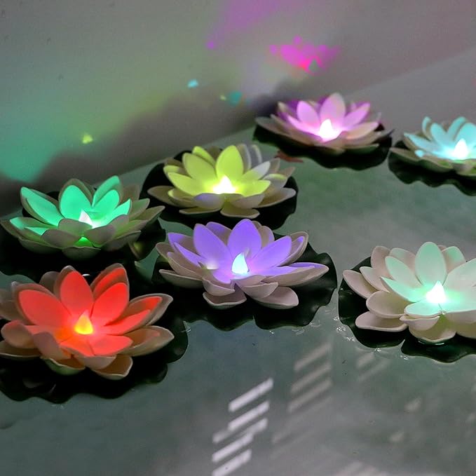 12 PCS Floating Lotus Lights - Artificial LED Lotus Waterproof Battery Operated Water Activated Color Changing Fake Lily Pad Lights for Pool Pond Lantern Garden Outdoor Decor-BloomoryGarden