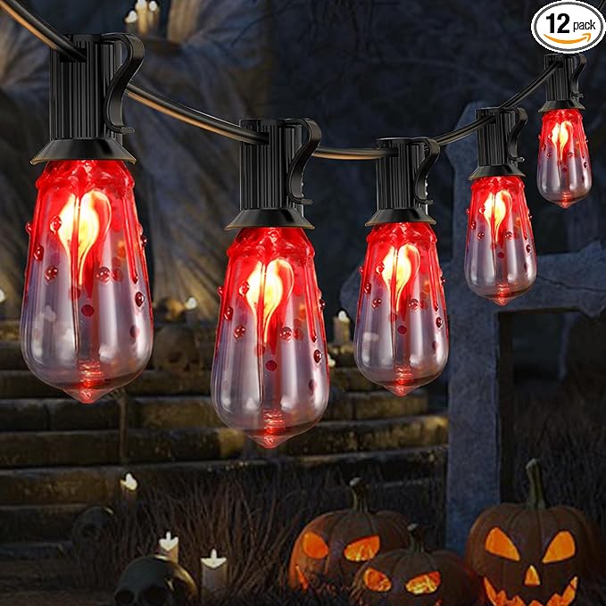 10FT Halloween String Lights Outdoor with 11 ST40 Flame Bulbs (1 Spare), Plug in Halloween Flaming Blood Drop Light Strings UL Listed for Patio, Backyard, Halloween, Party Decoration, E17 Base-BloomoryGarden