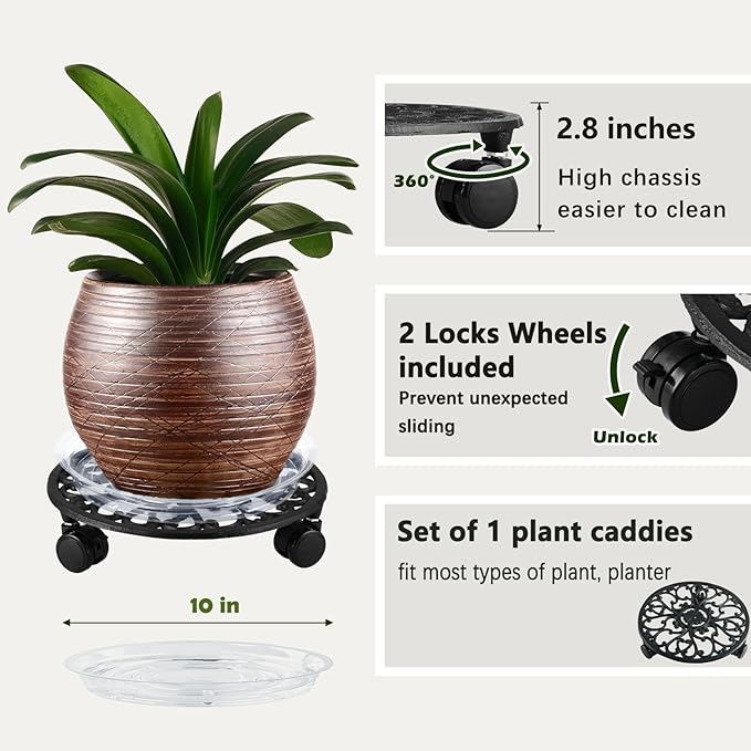 11 Inch Rolling Plant Stand with Wheels Wrought Iron Rolling Plant Stand with Casters Heavy Duty for Indoor Plants Rollers with Plant Saucers, Metal Round Plant Dolly 1 Pack-BloomoryGarden