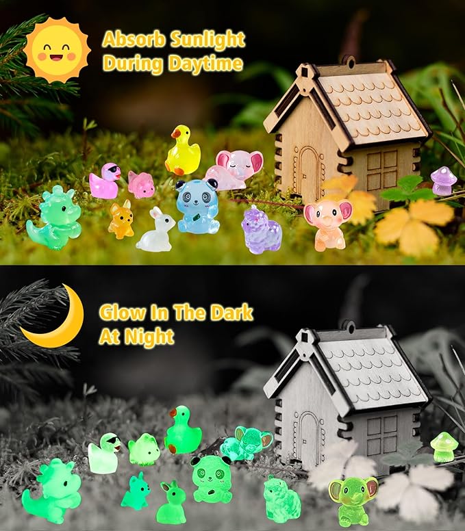 120 Pack Various Luminous Mini Resin Animals, Mini Ducks Dinosaurs Tiny Frogs Pandas Small Mushroom Miniature Figurines Glow in The Dark for DIY Garden Micro Landscape Aquarium Potted Decor-BloomoryGarden