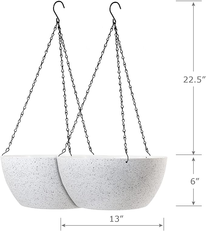 13 inch Large Hanging Planters Plant Pots for Outdoor Indoor Plants with Drainage Holes and Chain, 2 Pack Round Hanging Flower Pots for Garden Home Porch Decor, Speckled White-BloomoryGarden