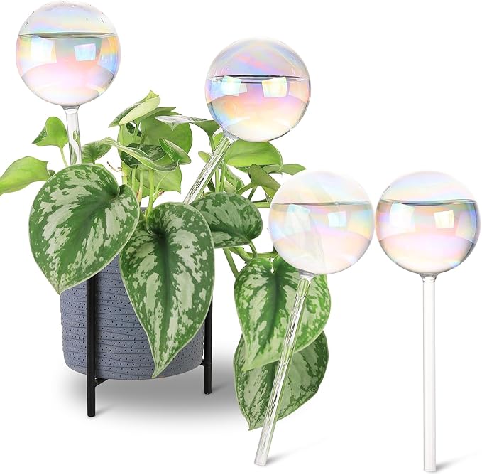 13 oz Up to 2 Weeks Extra Large Plant Self Watering Globes, Light Iridescent Glass Water Bulb Indoor Outdoor, Plant Waterer Self-Watering Stakes,Vacation Plant Thing for Plant Parents, 4 Pack-BloomoryGarden