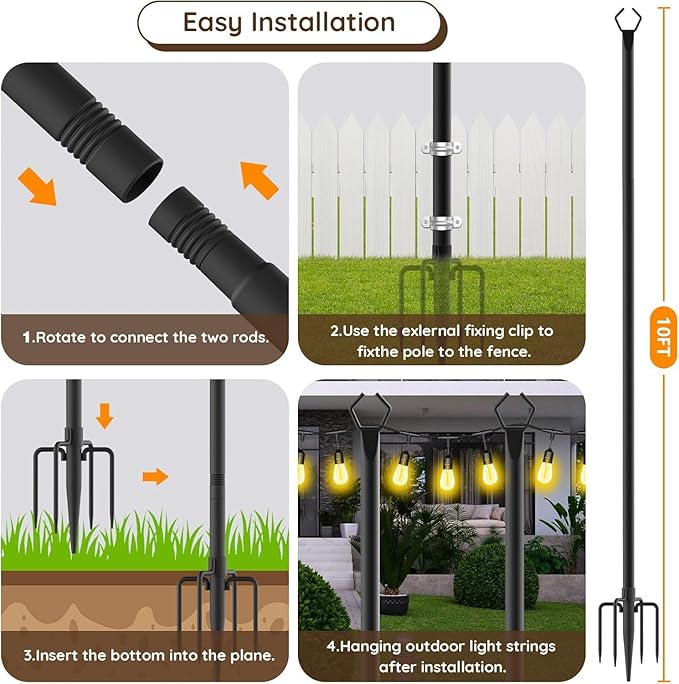 10Ft String Light Poles 6 Pack,Light Poles for Outside Lights,Outdoor with Fence Brackets Hanging Lights,Metal Stand Deck Patio Backyard-BloomoryGarden