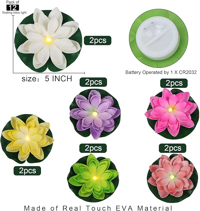 12 PCS Waterproof Floating Lotus Light - Diwali 5 Inch Floating Flower Light Battery Operated Water Activated Warm White Light Pool Flower Lamp Wedding,Anniversary,Garden Decoration(Mix-Color)-BloomoryGarden