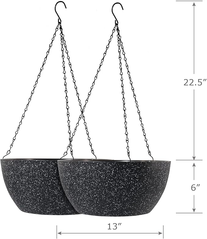 13 inch Large Hanging Planters Plant Pots for Outdoor Indoor Plants with Drainage Holes and Chain, 2 Pack Round Hanging Flower Pots for Garden Home Porch Decor, Speckled Black-BloomoryGarden