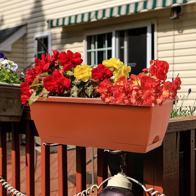 12Pcs 17Inches Rectangle Planter Box with Drainage Holes and Trays Plastic Planters Flower Boxes Pots for Indoor Outdoor Plants Patio Garden Home Decor Porch Yard (Red)-BloomoryGarden