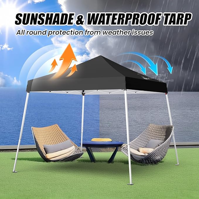 10x10 Pop Up Canopy, 300D Silver Coated Black Fabric Outdoor Gazebo, Beach Tent Slant Legs with Storage Bag,Easy Up Sun Shade Shelter Tents with 8x8 Top Cover for Patio,Party-BloomoryGarden