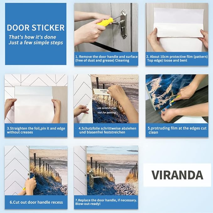 Horse 3D Door Stickers Murals - Peel & Stick - Waterproof & Washable - Matte Finish - Rustic Blue - Rectangular - Indoor - 35.4" x 78.7" - 2 Pieces