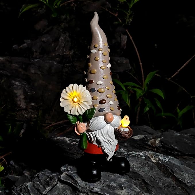 12 Inch Solar Garden Gnome Statue Clearance with Sunflower and Bird's Nest Light – Outdoor High Hat Gnome Sculpture Outdoor Statue for Patio and Garden Decor – Figurine Gift for Gnome Lovers-BloomoryGarden