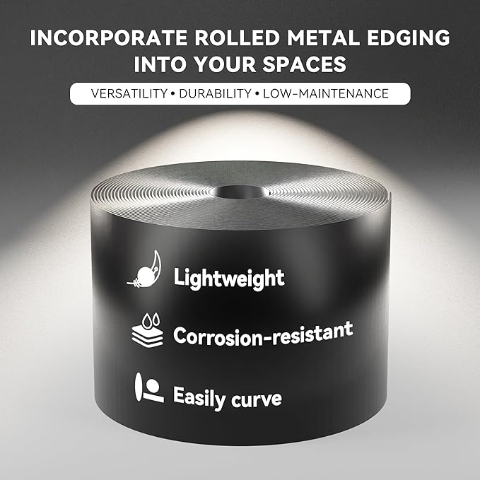 Worth Galvanized Steel Landscape Edging 4.5" x50' Metal Garden Edging Roll Flexible Bender Border with 16Pcs Stakes for Lawn, Flower Bed Edges, Black-BloomoryGarden