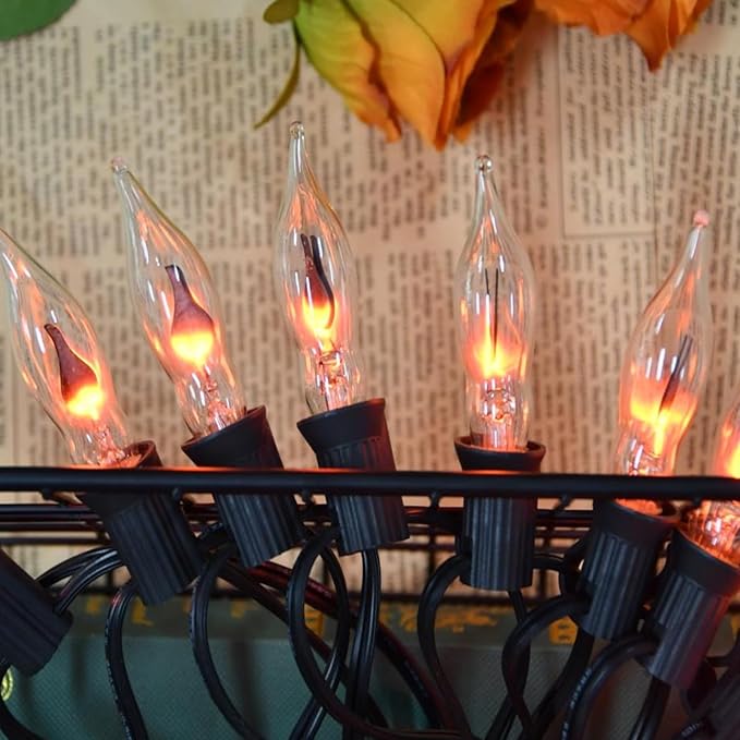 12.8Ft Christmas Lights Flickering Flame String Lights with 12 Pack Clear C7 Flame Light Bulbs(2 Spare), Great for Indoor Outdoor Home Patio Party Christmas Decorations Lights, 1W, E12 Base-BloomoryGarden
