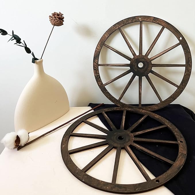 (2 Pieces) 12" Wood Carved Wheel Decor, Western Style Decorative Wagon Wheels for Modern Vintage Home Decor, Suitable for Farmhouse, Living Room, Bookcase, Bar, Garage, Coffee Shop, Studio Decor-BloomoryGarden