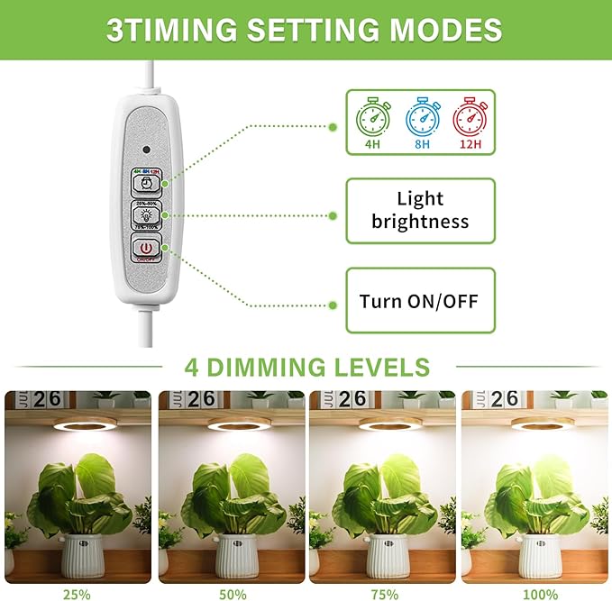 LORDEM 6.3" Bamboo Ceiling Grow Lamp for Indoor Plants, 216 LEDs Full Spectrum Halo Plant Light, Under Cabinet Grow Lights with 4/8/12H Auto Timer Switch Modes, 4 Dimmable Brightness Levels, Tri Head-BloomoryGarden