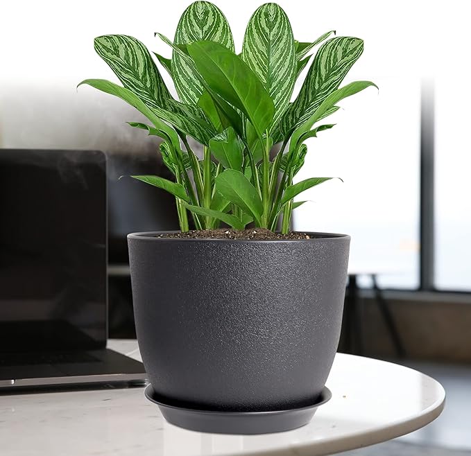 12/10/9 Large Modern Plant Pots, Plastic Planters with Drainage Holes and Saucers for Indoor Outdoor Plants Flowers, Black-BloomoryGarden